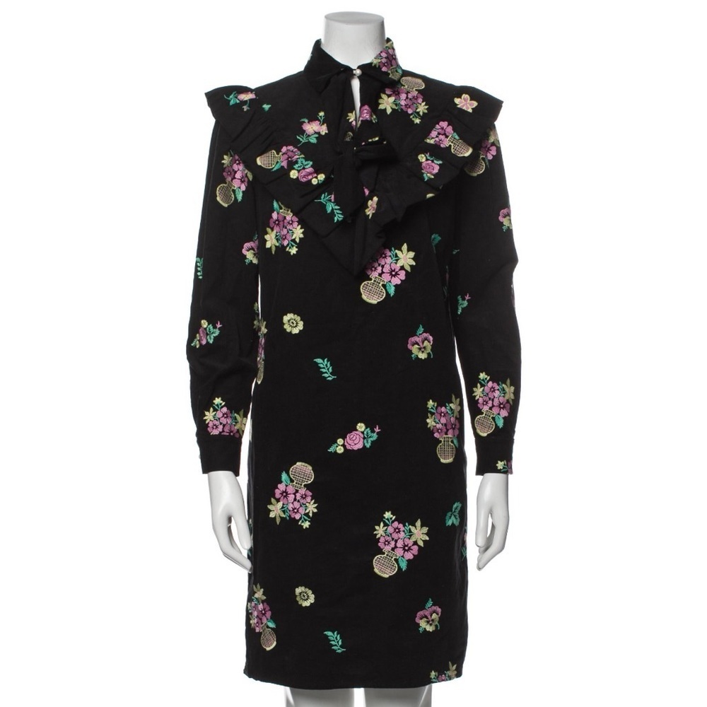 Batsheva Black Multicolor Floral Print Long Sleeve Short Day Cotton Dress
